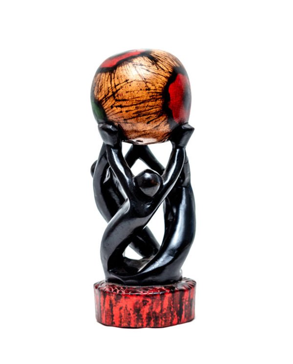 African Wood Sculpture- Three Men holding a "Unity Globe"